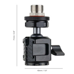 Dimension marked all-metal ball head mic mount 71x45mm, 5/8-1/4 convert screw cold shoe microphone holder with 360 degree scale base