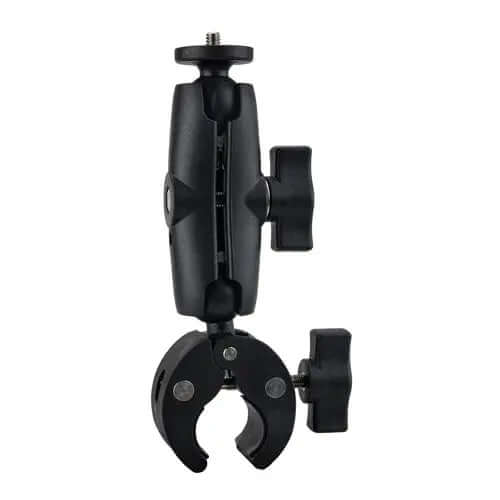 Close-up of heavy-duty clamp with dual locking knobs and swivel joint for stable pole and rail mounting