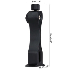 Size dimension diagram of binocular tripod mount adapter, 11cm height aluminum binocular bracket with measurement specs, black binocular tripod connector size