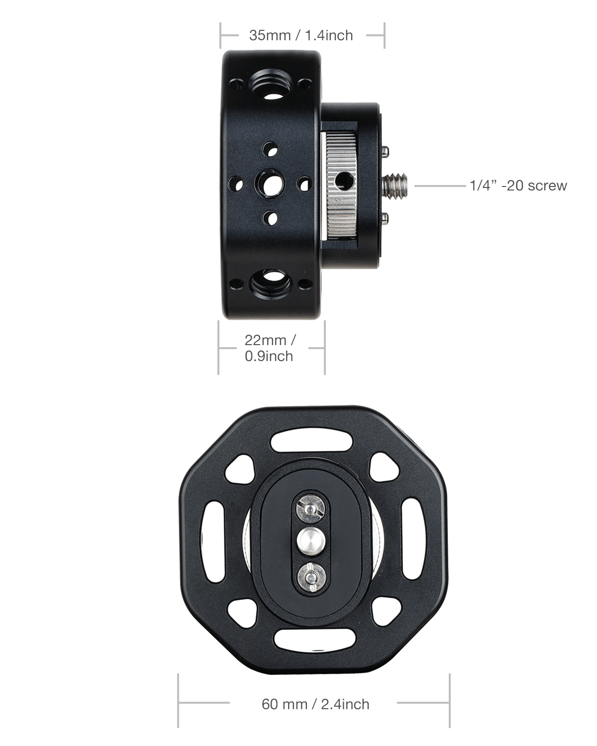 Technical dimension diagram of POWRIG Knuckle Puck camera grip showing 60mm diameter and 1/4"-20 mounting screw.