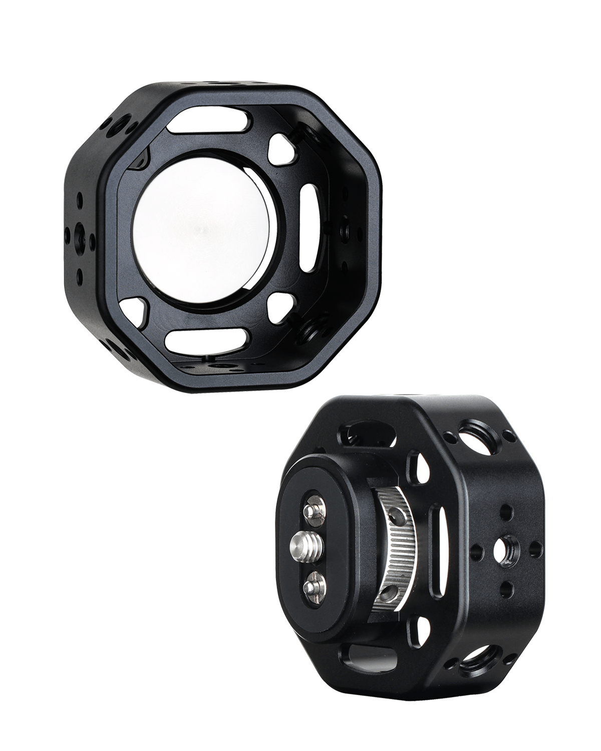 POWRIG Rat Puck round camera handle grip in black anodized aluminum, showing hollow lightweight CNC design.