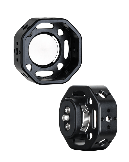 POWRIG Rat Puck round camera handle grip in black anodized aluminum, showing hollow lightweight CNC design.