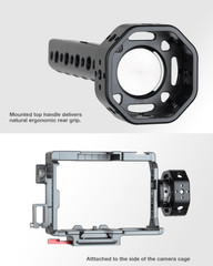 Cinema camera rig showing the PUCK mounted as a side handle for Hasselblad style operating and a rear ergonomic grip.