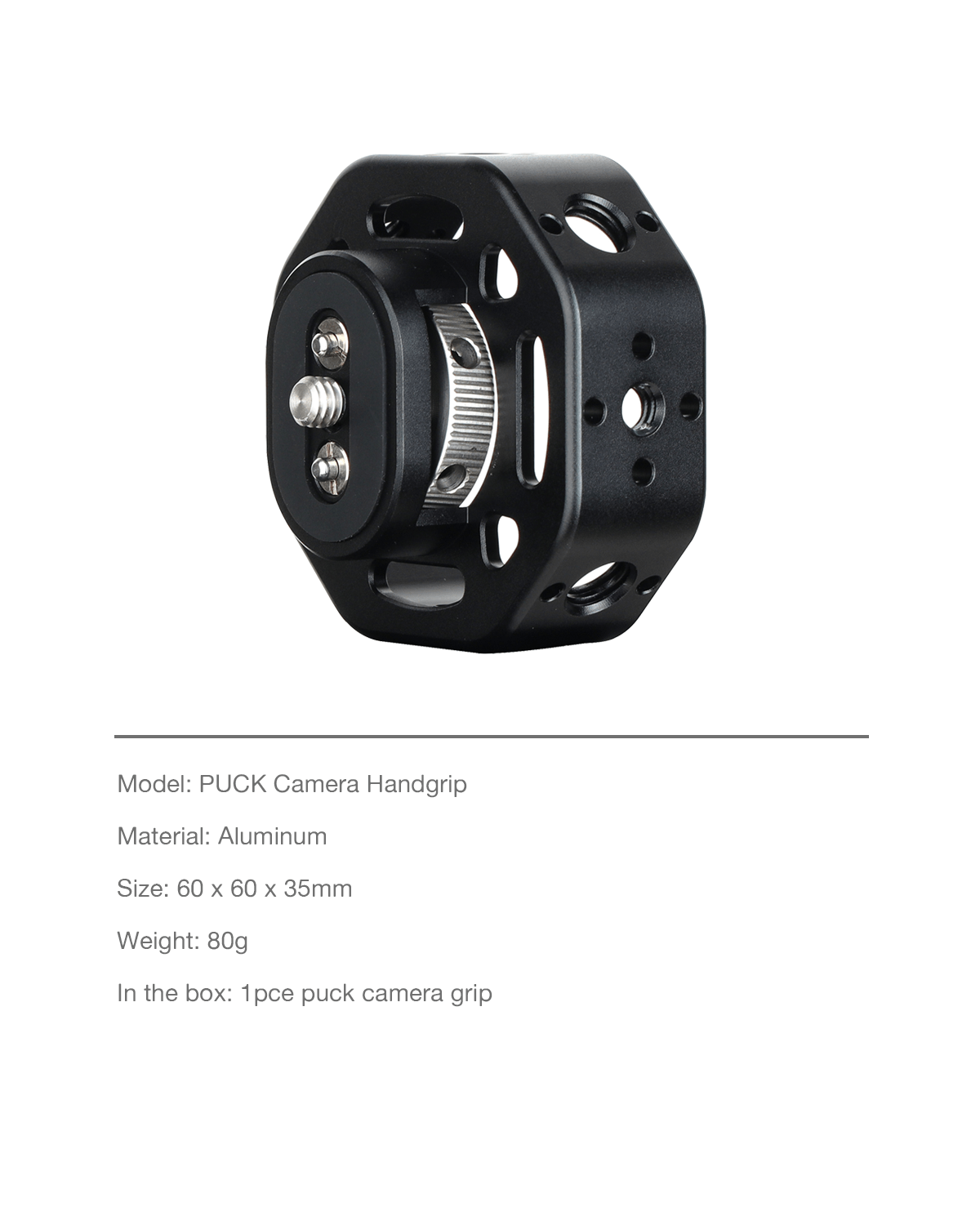 POWRIG PUCK Camera Handgrip specifications: 80g weight, aluminum material, compatible with cinema camera cages.
