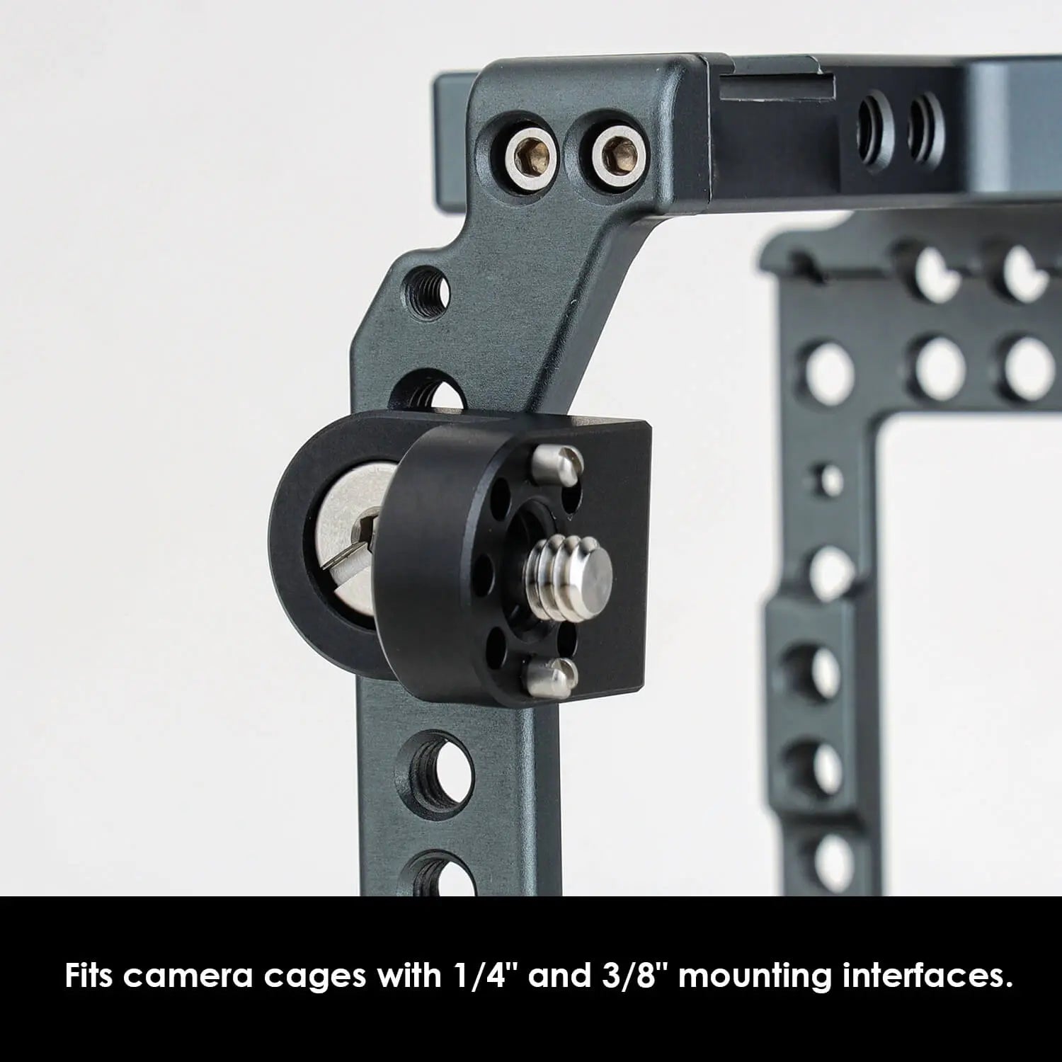 Close-up of ARRI locating pins on 90° cage mount bracket