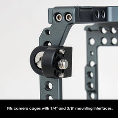 Close-up of ARRI locating pins on 90° cage mount bracket