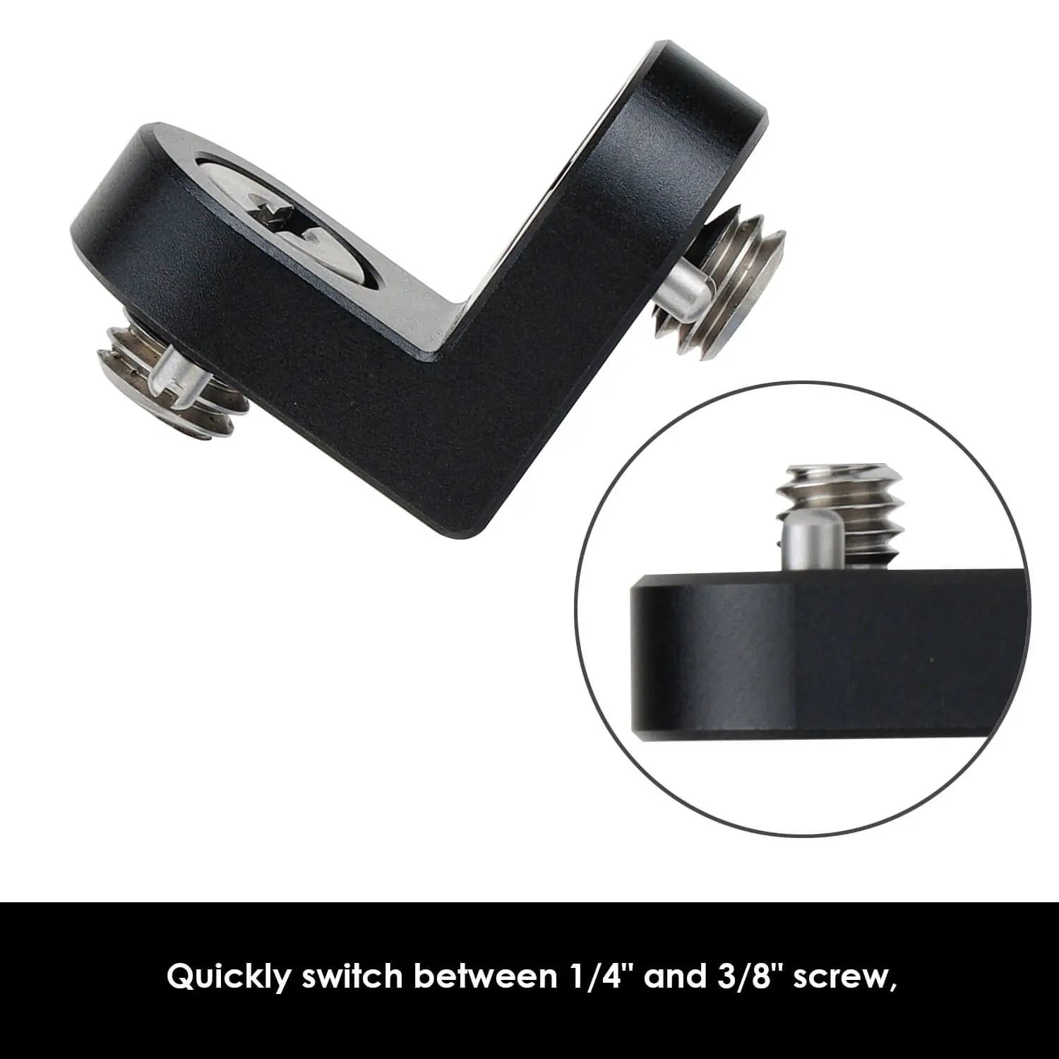 1/4" and 3/8" threaded screw holes on right-angle camera mount
