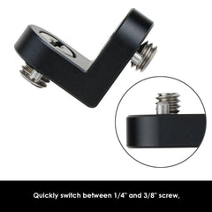 1/4" and 3/8" threaded screw holes on right-angle camera mount
