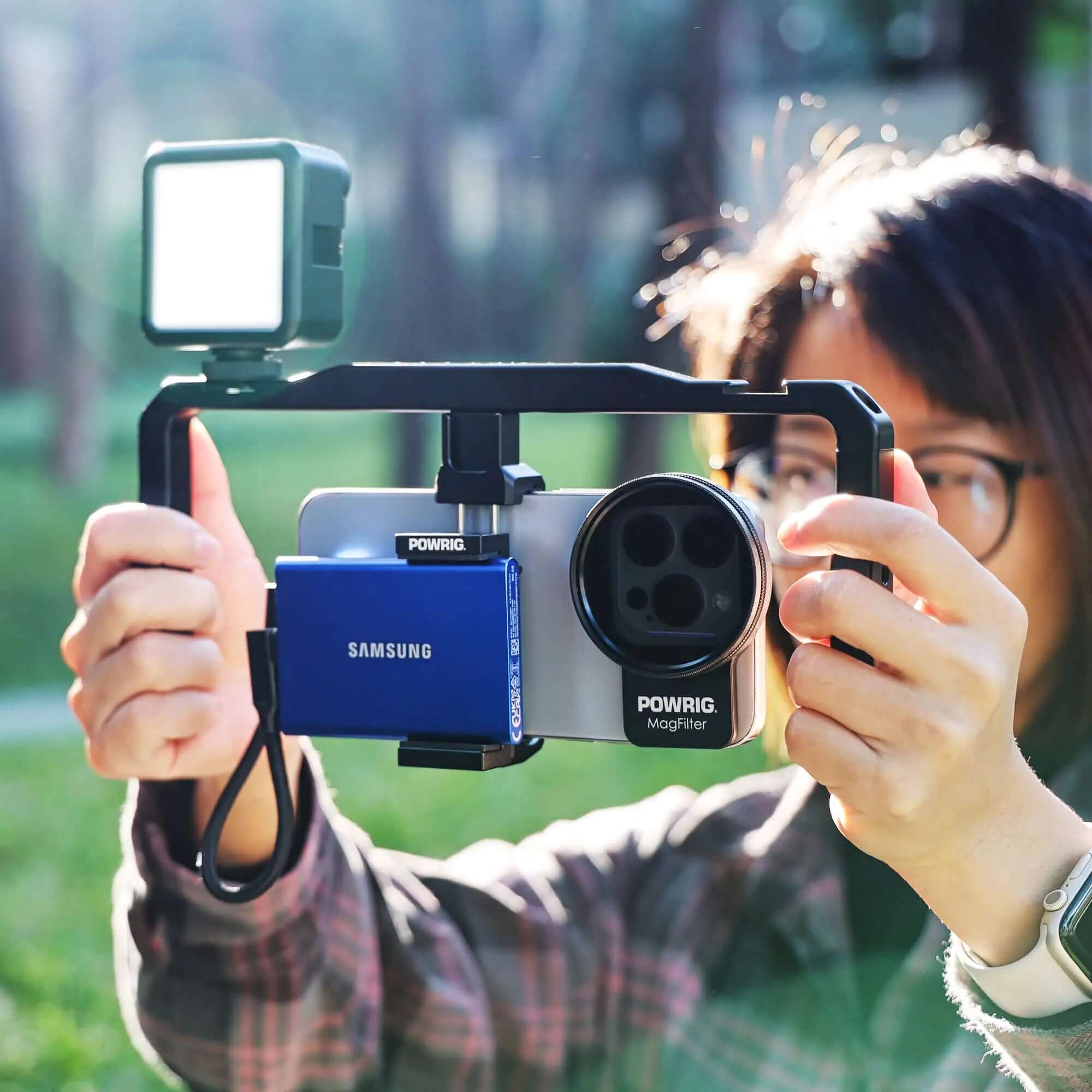 POWRIG Phone Cage Rig in Use with LED Light, Outdoor Smartphone Video Shooting Setup for Content Creators