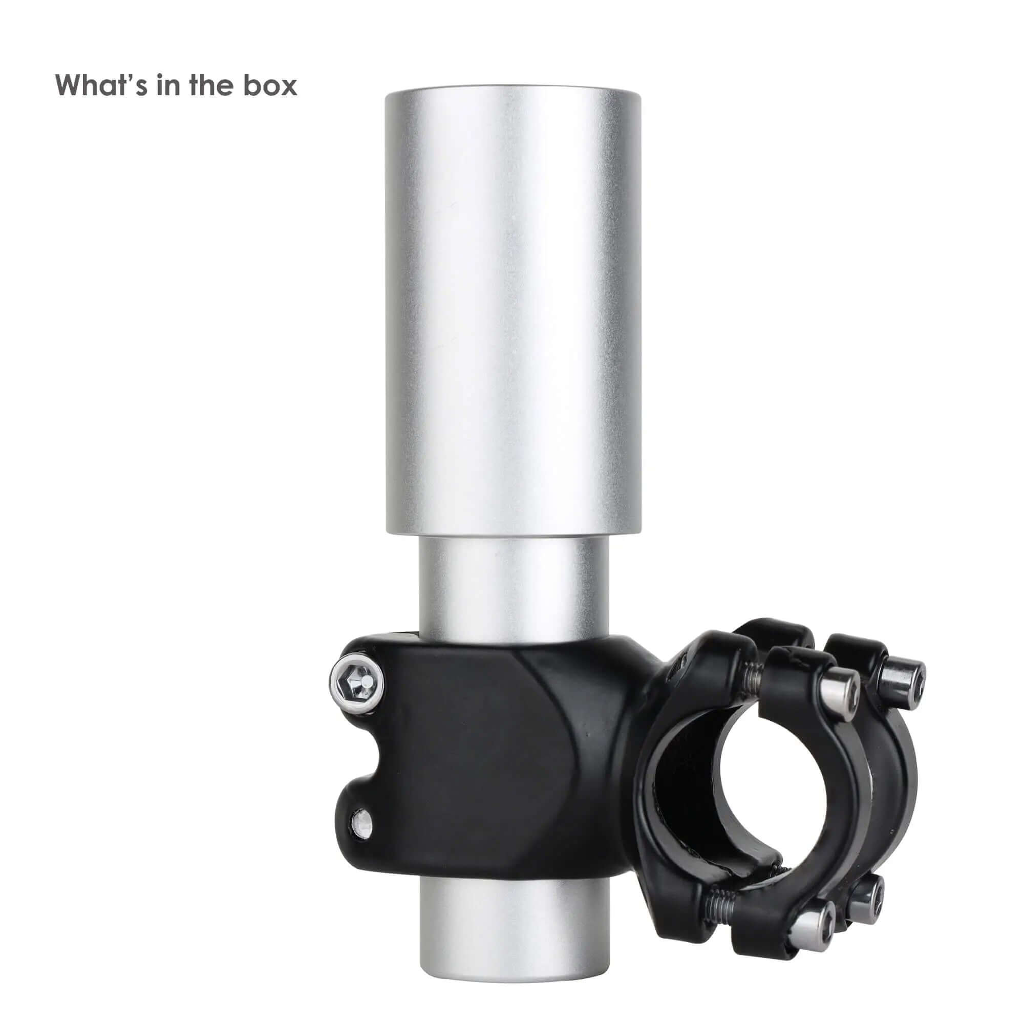 Package contents showing Starlink Mini pipe mount with silver aluminum extension tube and four-bolt black C-clamp base
