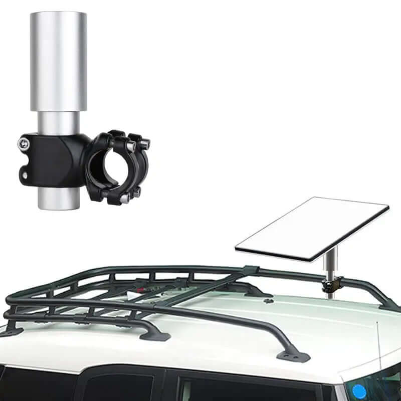 POWRIG Starlink Mini pipe mount adapter installed on white SUV roof rack with vertical aluminum pole and black clamp