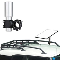 POWRIG Starlink Mini pipe mount adapter installed on white SUV roof rack with vertical aluminum pole and black clamp