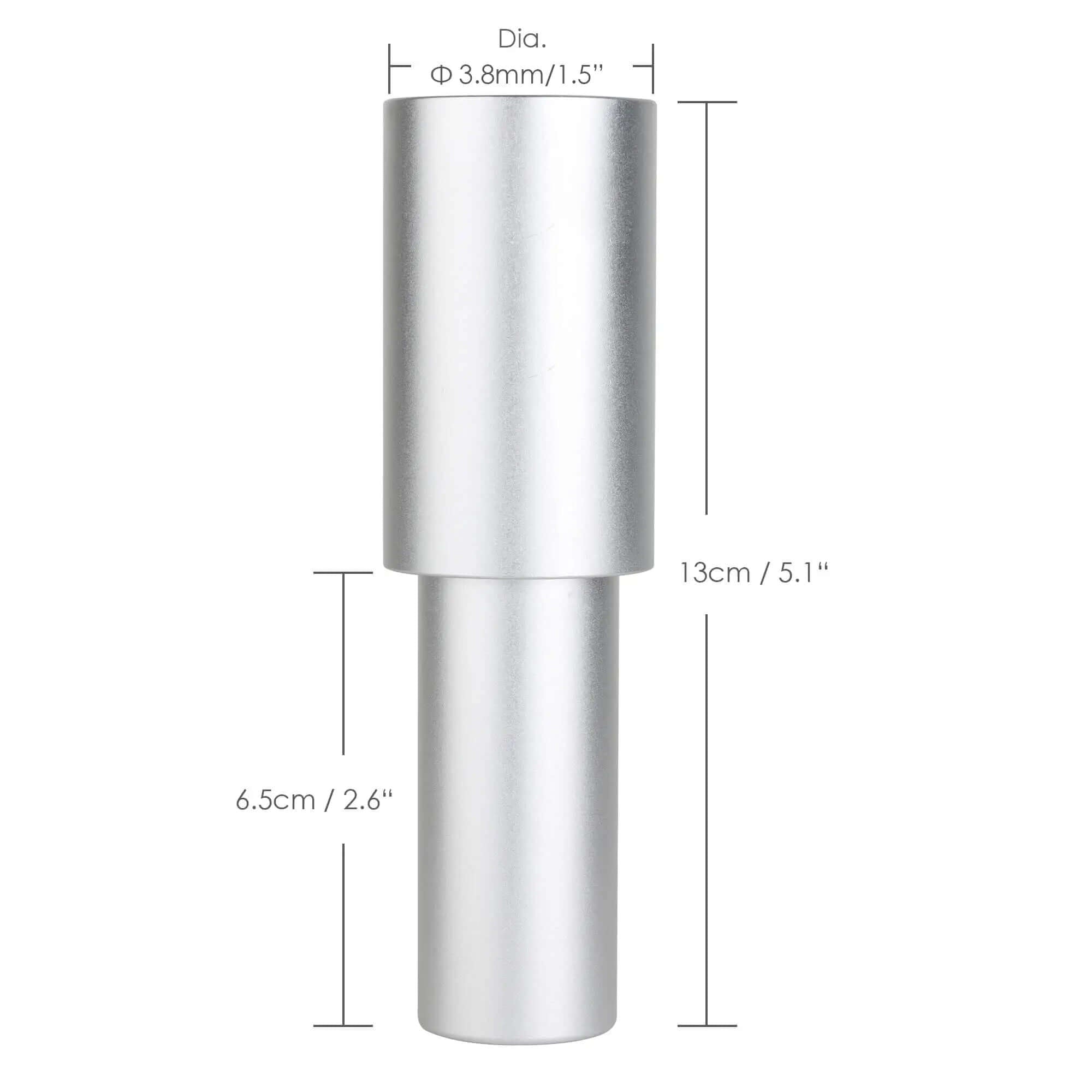 Dimension diagram of aluminum pipe adapter for Starlink Mini showing 38mm top diameter and 13cm total height