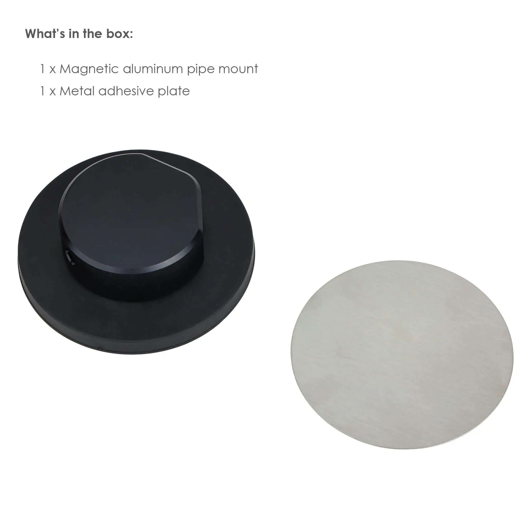 Package contents showing magnetic aluminum mount and metal adhesive plate for versatile non-magnetic surface installation