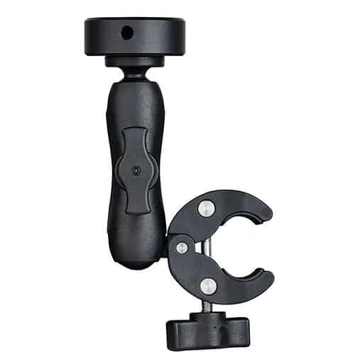 Side profile of Starlink Mini mount showing articulating ball joint, tilt adjustment knob, and C-clamp mechanism