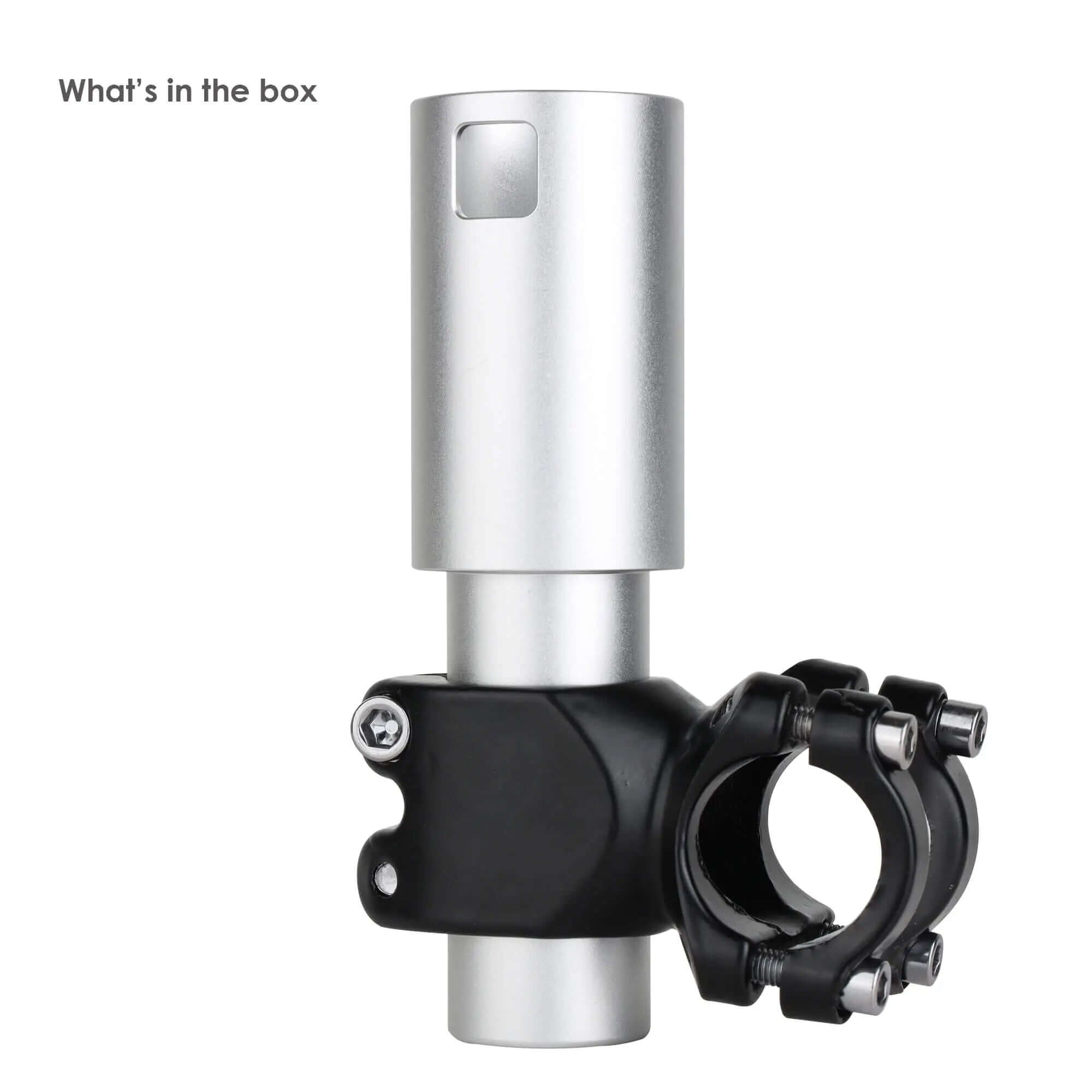 Package contents showing Starlink Gen 2 pipe mount kit with silver aluminum post and four-bolt black U-clamp assembly
