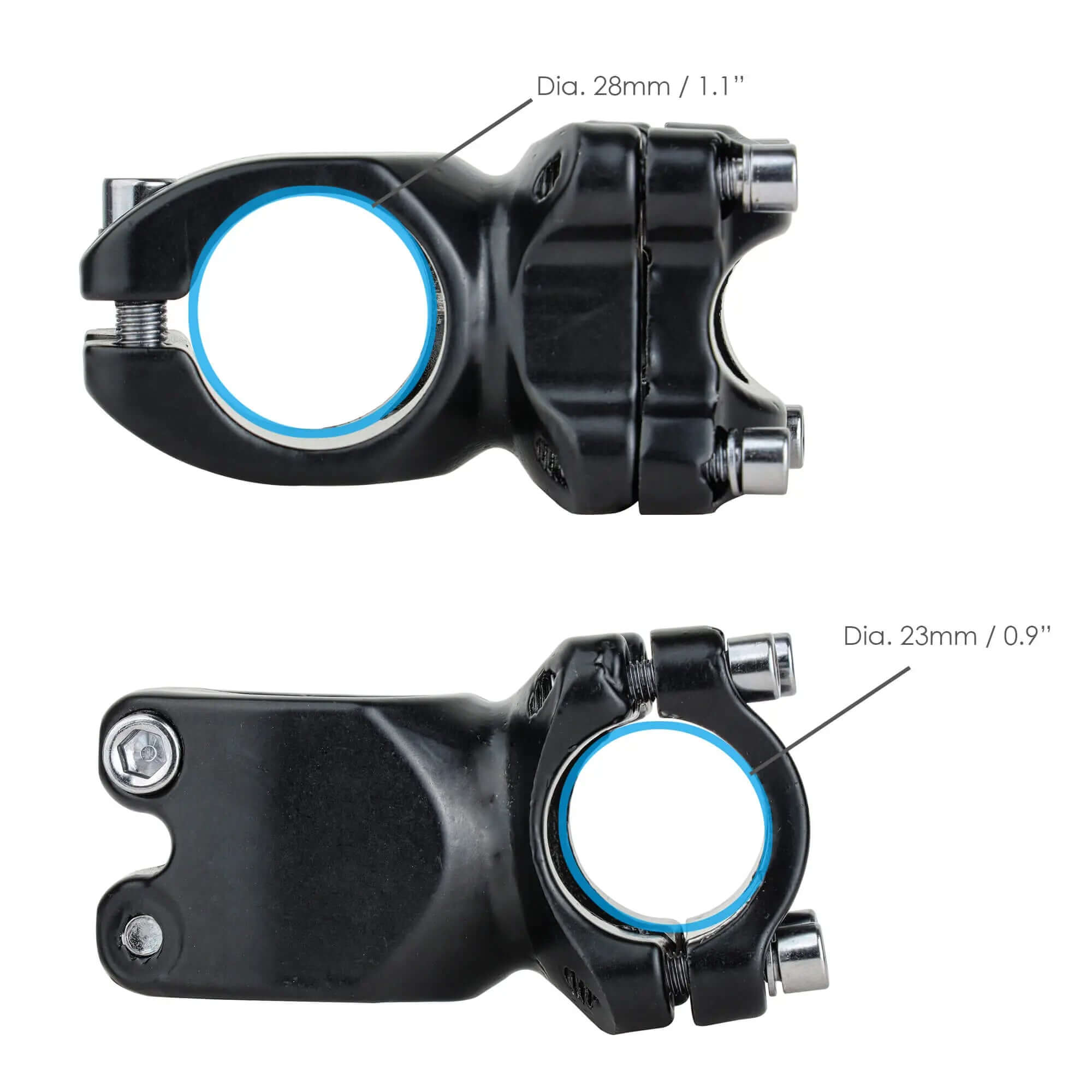 Close-up of heavy-duty pipe clamps for Starlink mount showing 28mm and 23mm diameter sizes 