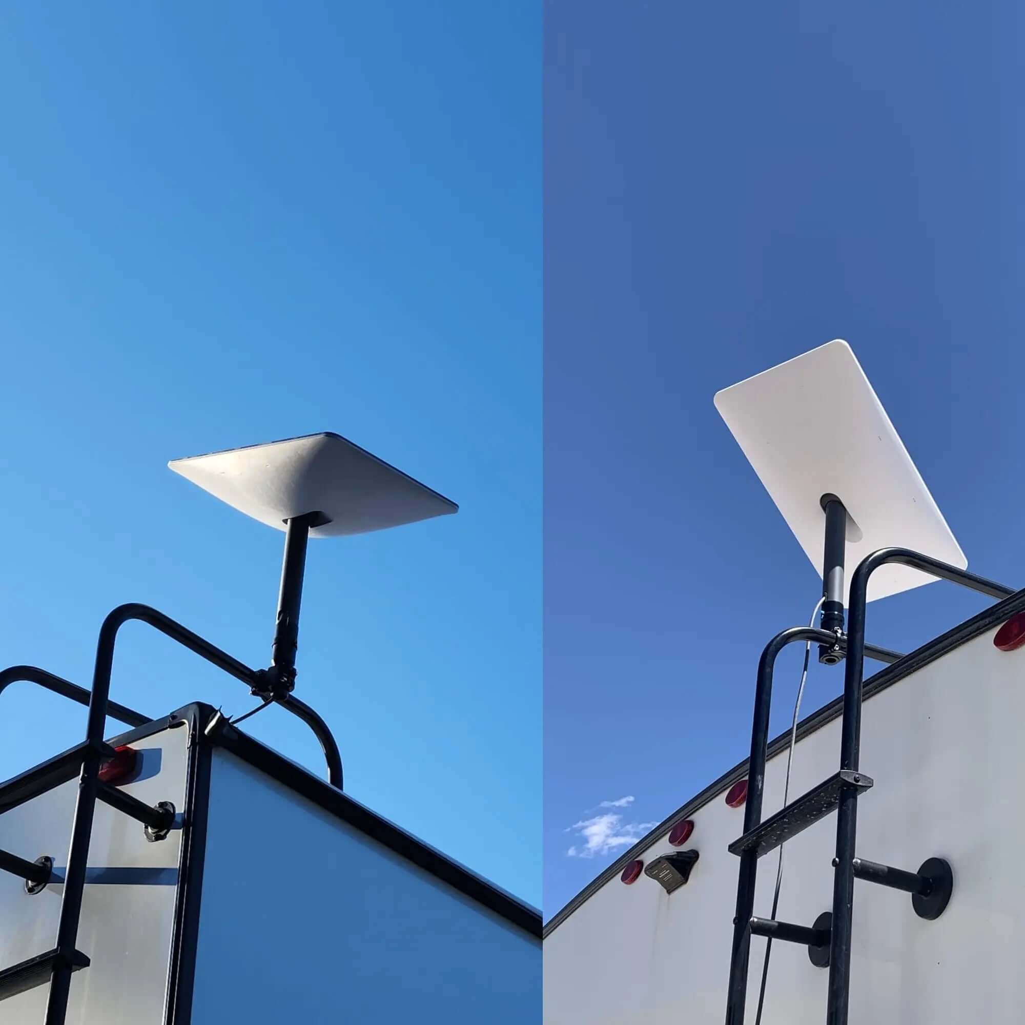 Real-world installation of Starlink Gen 2 dish mounted on RV roof using POWRIG pipe adapter bracket against blue sky
