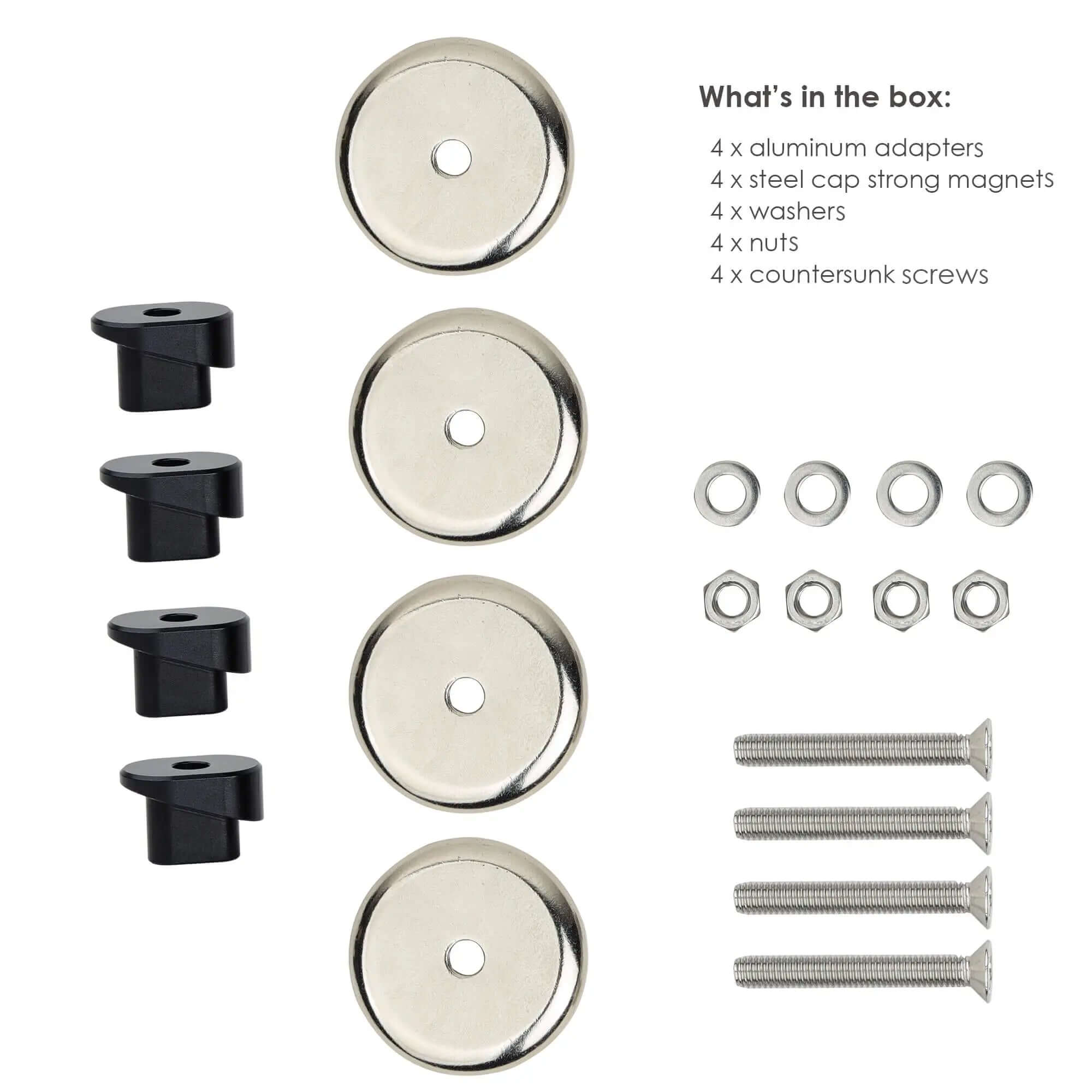 Package contents: Starlink Gen2 magnetic mount kit with 4 heavy-duty magnets, aluminum adapters, nuts, washers, and screws