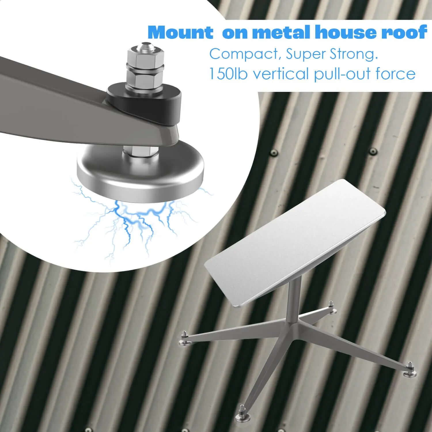 Compact magnetic Starlink Gen2 mount on metal house roof featuring 150lb vertical pull-out force and swivel arm