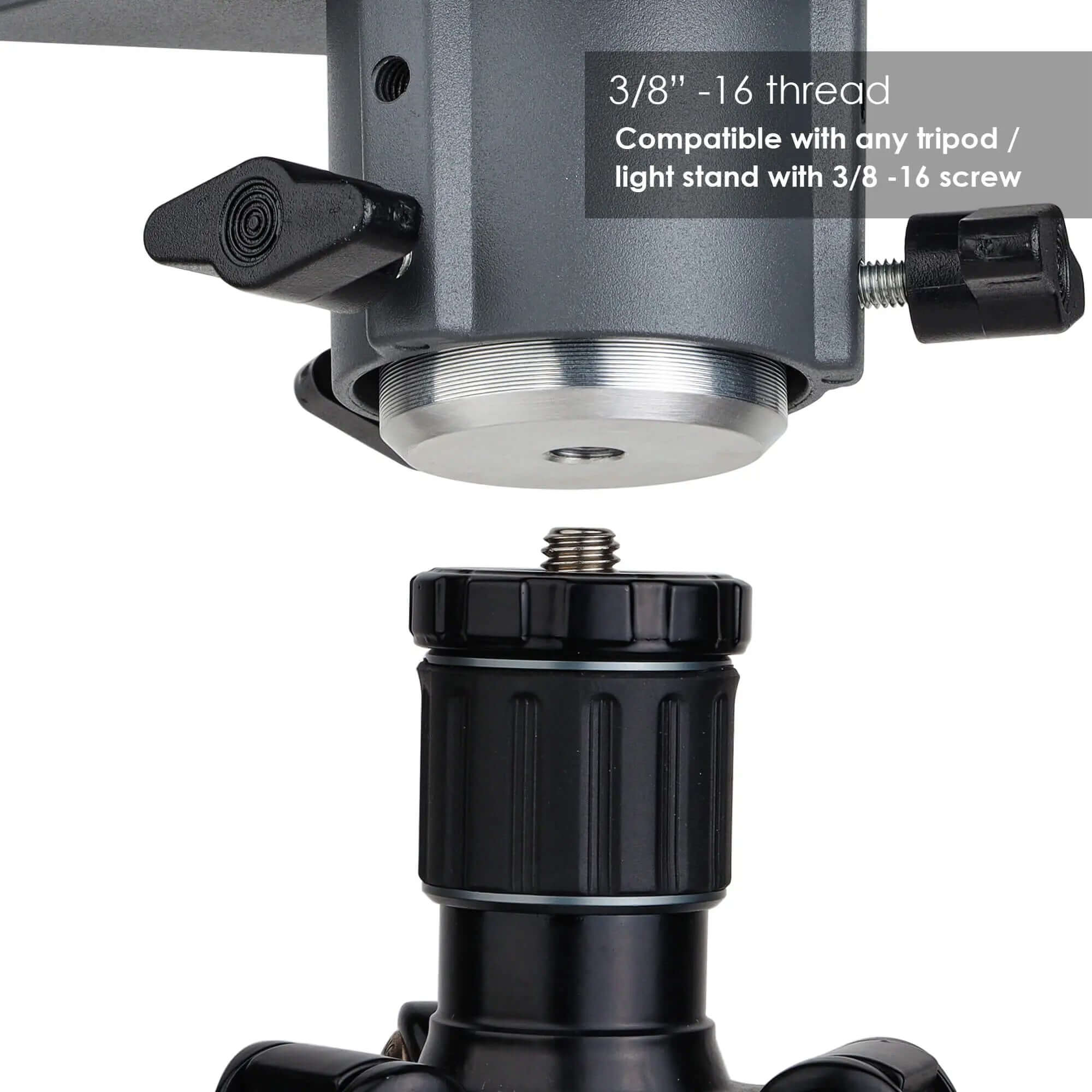 Detail of heavy-duty 3/8-16 threaded base adapter for professional light stands