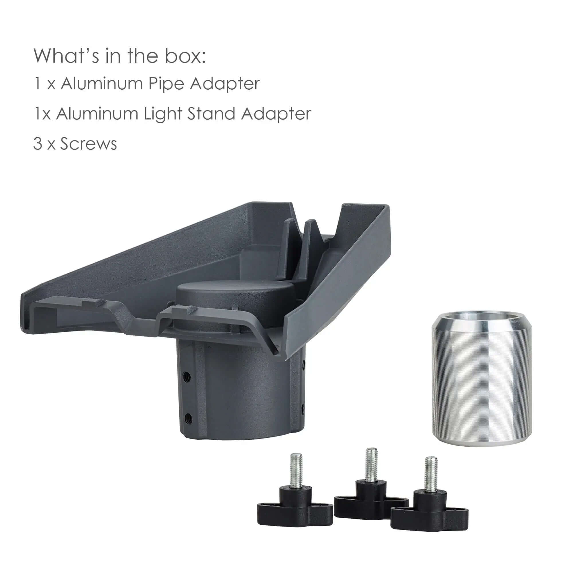 Package contents: Aluminum pipe adapter, light stand mount bracket, and 3 wing screws