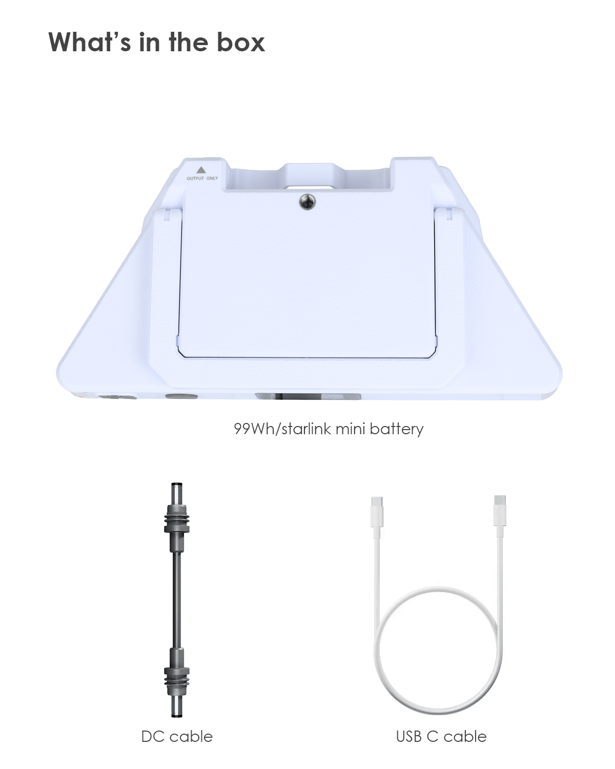 Starlink Mini external battery kit contents showing the 99Wh battery unit, dedicated DC power cable, and USB-C charging cable.