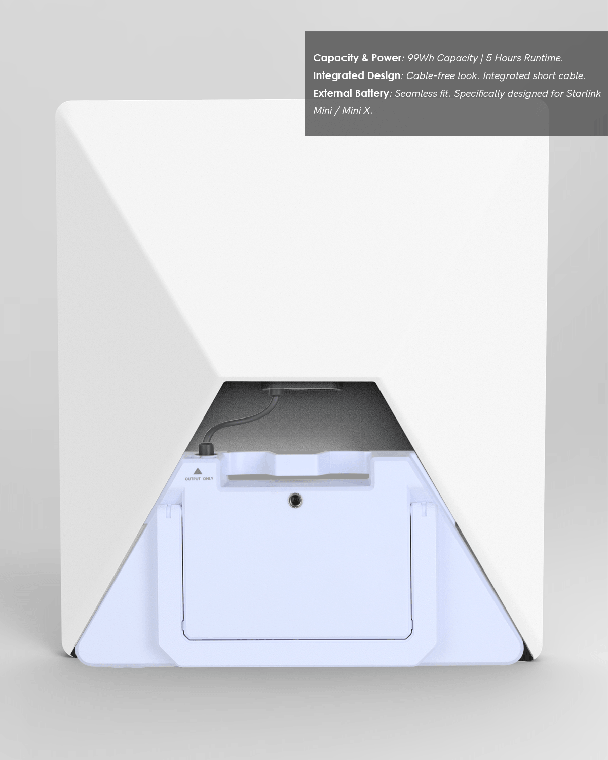 Back view of the Starlink Mini external battery pack showing the seamless, cable-free integrated design with a short DC power cable.
