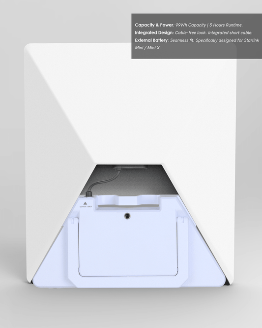 Back view of the Starlink Mini external battery pack showing the seamless, cable-free integrated design with a short DC power cable.