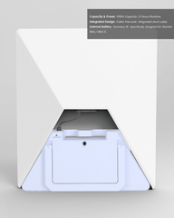 Back view of the Starlink Mini external battery pack showing the seamless, cable-free integrated design with a short DC power cable.