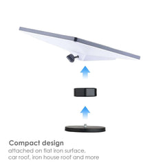 Installation diagram showing magnetic mount attached to car roof and flat iron surface for tool-free setup