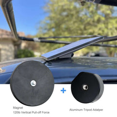 Heavy-duty 120lb magnetic base and 1/4-20 aluminum tripod adapter for mounting equipment to vehicle roofs