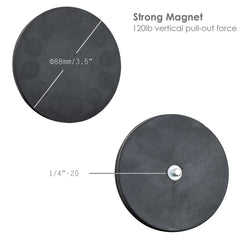 Close-up of 88mm rubber-coated magnet showing 120lb pull force and standard 1/4-20 threaded hole
