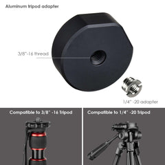 Aluminum tripod thread adapter included in kit, converting between 3/8 inch and 1/4 inch standard mounts