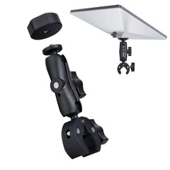 POWRIG adjustable pole mount holding Starlink Mini satellite dish with articulated arm and heavy-duty clamp base