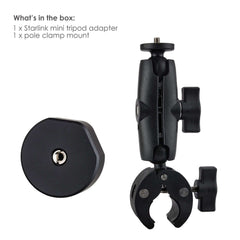 Package contents showing Starlink Mini tripod adapter and adjustable pole clamp mount components