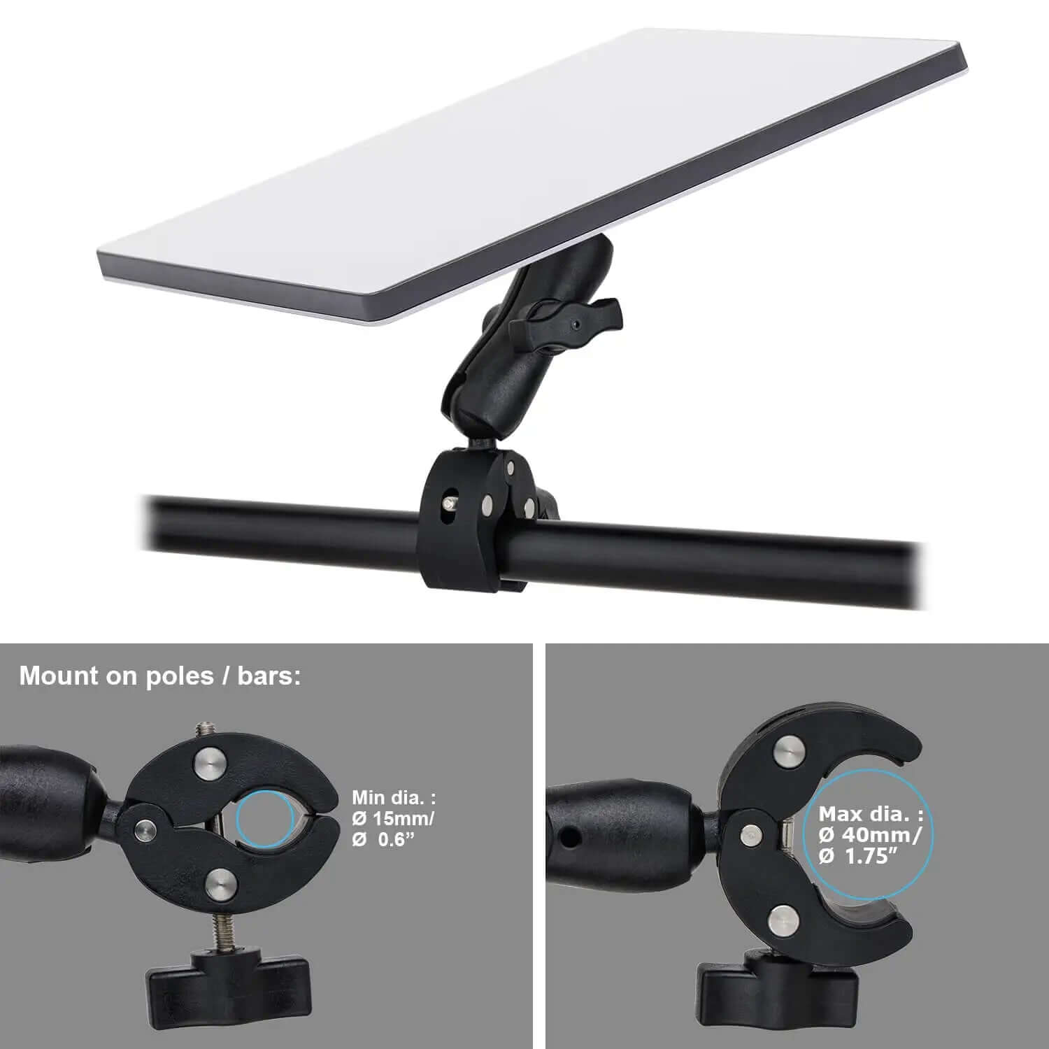 Heavy-duty pole clamp with adjustable jaws fitting diameters from 15mm to 40mm for secure railing attachment
