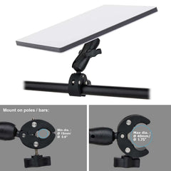 Heavy-duty pole clamp with adjustable jaws fitting diameters from 15mm to 40mm for secure railing attachment