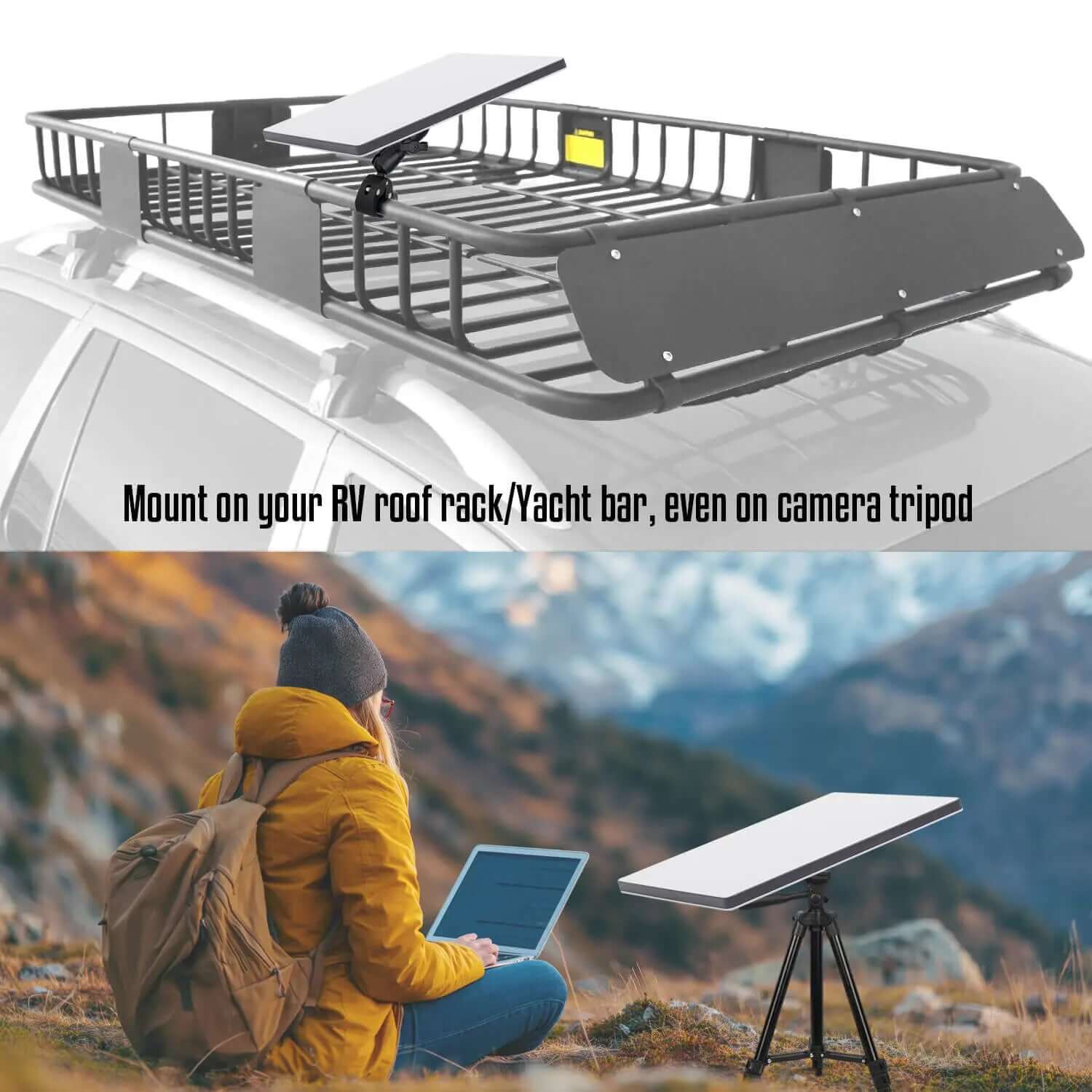 Starlink Mini mounted on RV roof rack and camera tripod in outdoor mountain setting for mobile internet