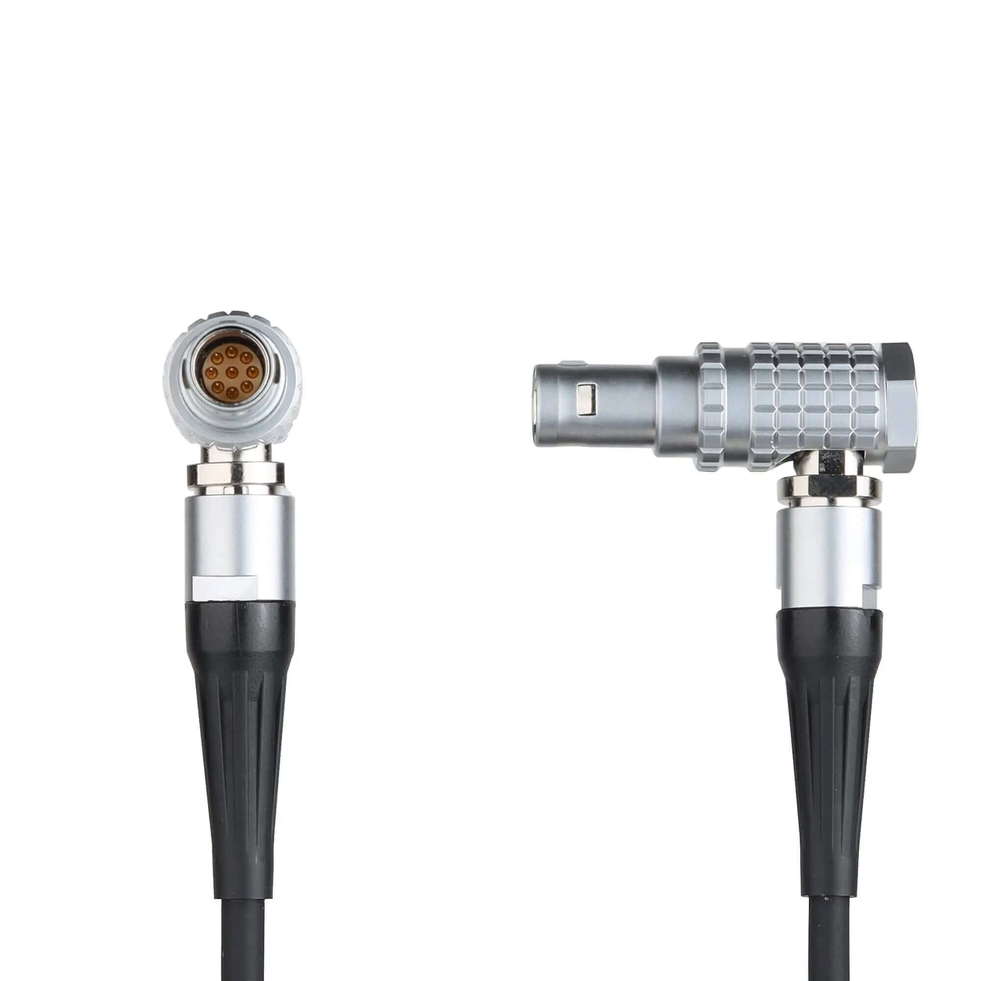Close-up of gold-plated LEMO connector on UltraSync One timecode cable, secure connection for RED Komodo