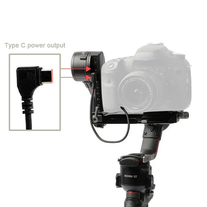 USB-C NP-FZ100 dummy battery cable mounted on DJI Ronin-S2 gimbal powering Sony A7 series camera