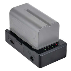 NP-F dummy battery adapter plate with NP-F970 battery mounted, PD30W USB-C input, DC 8V out, LED power indicator lights for camera power supply