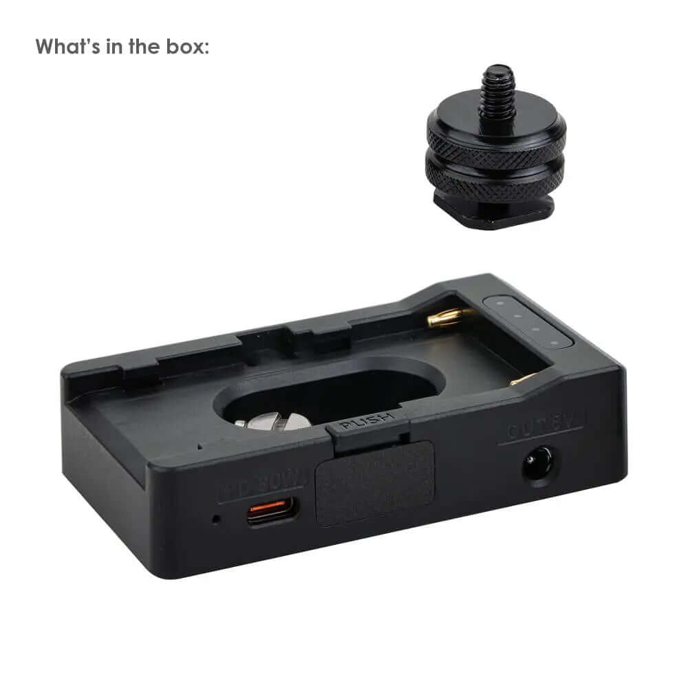 PD30W Type-C NP-F adapter plate packing list, power base + hot shoe adapter screw for DSLR photography power supply kit