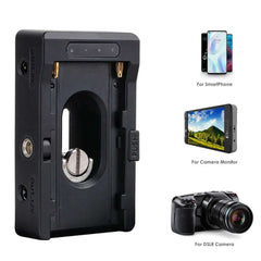 Universal NP-F battery power plate with 1/4 screw mount, dual DC 8V/12V output, compatible with DSLR camera, field monitor, smartphone power supply