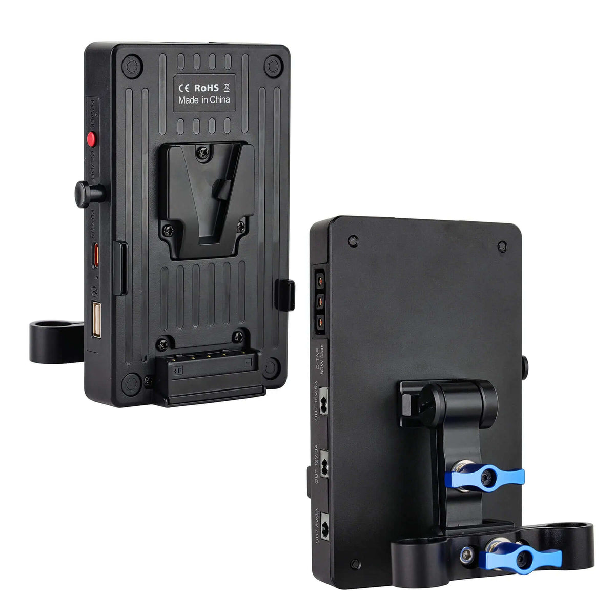 V-Mount battery power plate with 15mm rod mount adapter multiple output ports for camera rig