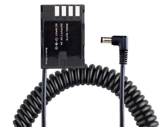 Coiled DC 5.5x2.1mm Right Angle to DMW-BLF19 Dummy Battery Camera Power Cable