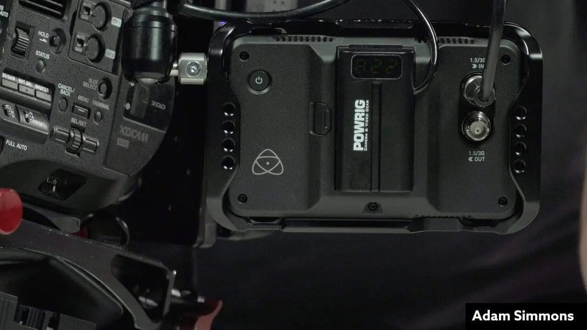 Voltage Display NP-F Dummy Battery Installed on Atomos Field Recorder Close Up