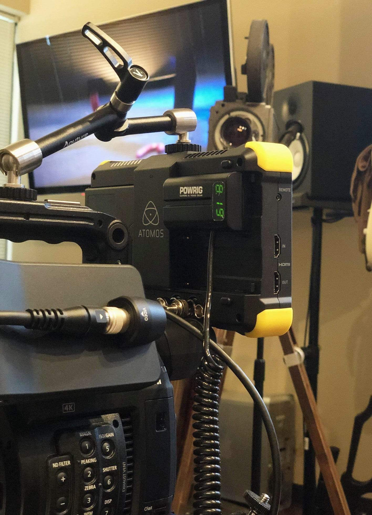 D-Tap NP-F Dummy Battery Cable Mounted on Atomos Recorder On-Set Usage