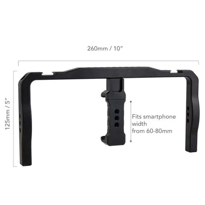 Dimension diagram of aluminum phone video rig 260×125mm, fits 60-80mm width smartphones